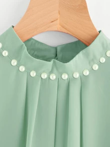 領串珠裝飾前短後長壓褶雪紡襯衫 - 綠色 - 查看 2