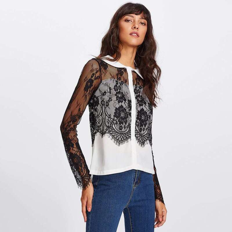 

Flower Lace Panel Blouse, Black and white