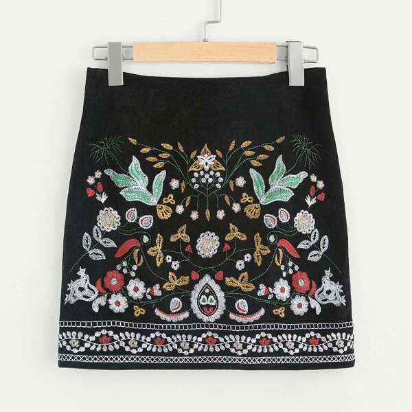 

Botanical Embroidered Cord Skirt, Black
