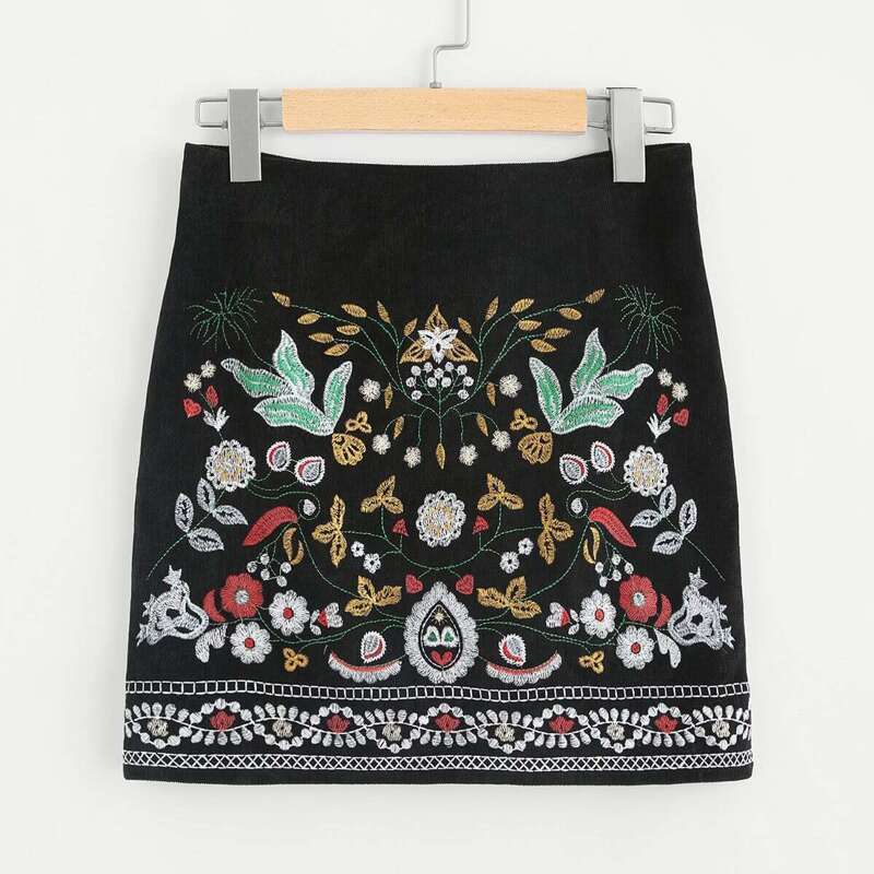 

Botanical Embroidered Cord Skirt, Black