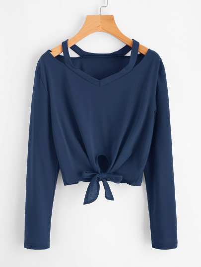 Cut Out Neck Knot Front Tee