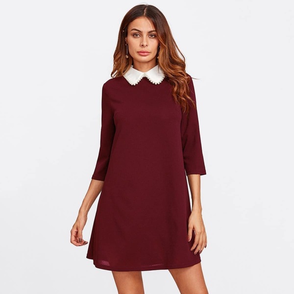 

Pearl Beaded Contrast Collar Keyhole Back Dress