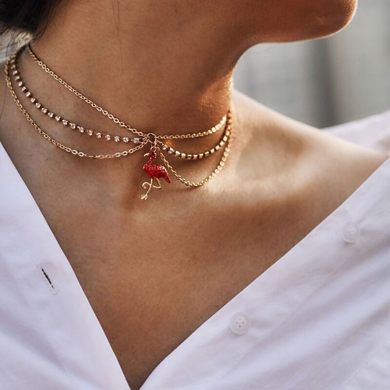 

Flamingo Pendant Layered Chain Necklace, Red