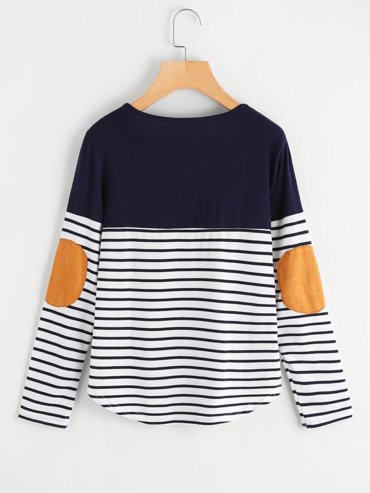 Striped Elbow Patch Curved Hem T-shirt - Multicolor - View 2