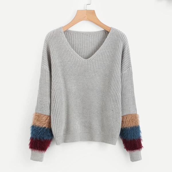 

V Neck Contrast Fur Cuff Sweater, Grey