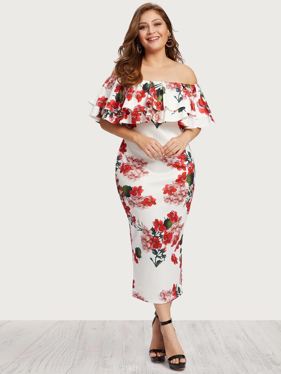 Plus Off Shoulder Floral Print Tiered Dress - Multicolor - View 1