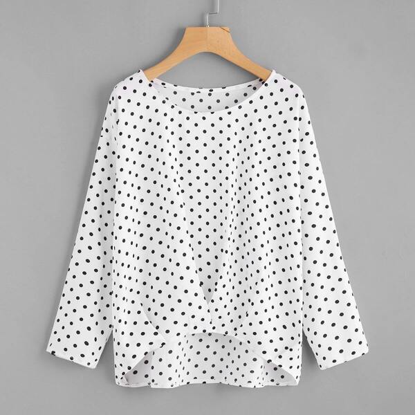 

Drop Shoulder Dip Hem Spot Blouse, Black and white