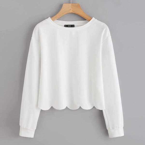 

Drop Shoulder Scallop Hem Sweatshirt, White