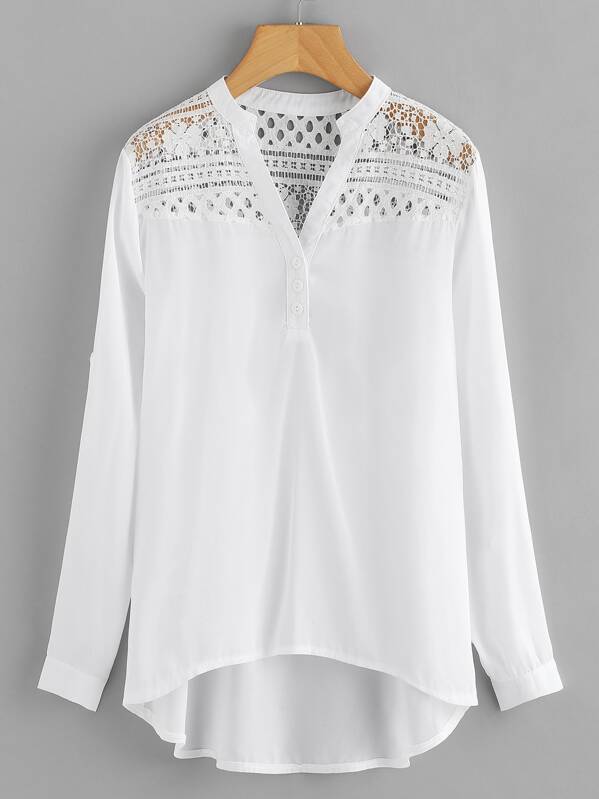 

Hollow Out Lace Yoke Dip Hem Chiffon Blouse, White