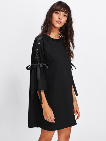 Ribbon Lace Up Raglan Sleeve Marled Tee Dress