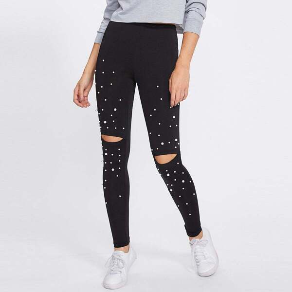 

Pearl Beading Knee Open Leggings, Black