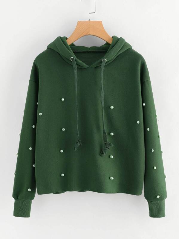Pearl Beaded Drawstring Hoodie, Green