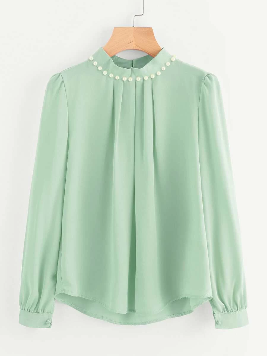 領串珠裝飾前短後長壓褶雪紡襯衫 - 綠色 - 查看 1