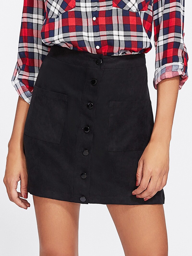

Patch Pocket Front Button Up Skirt, Black