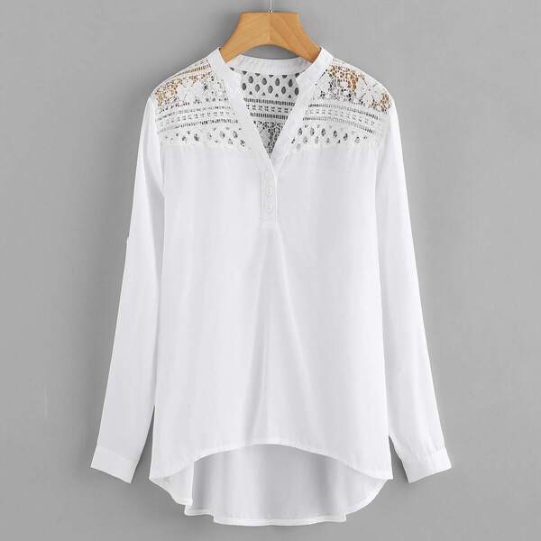 

Hollow Out Lace Yoke Dip Hem Chiffon Blouse, White