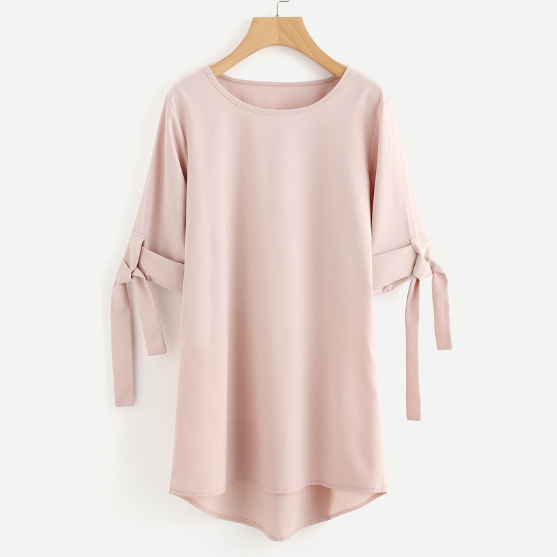 

Roll Tap & Tie Sleeve Dip Hem Dress, Pink pastel