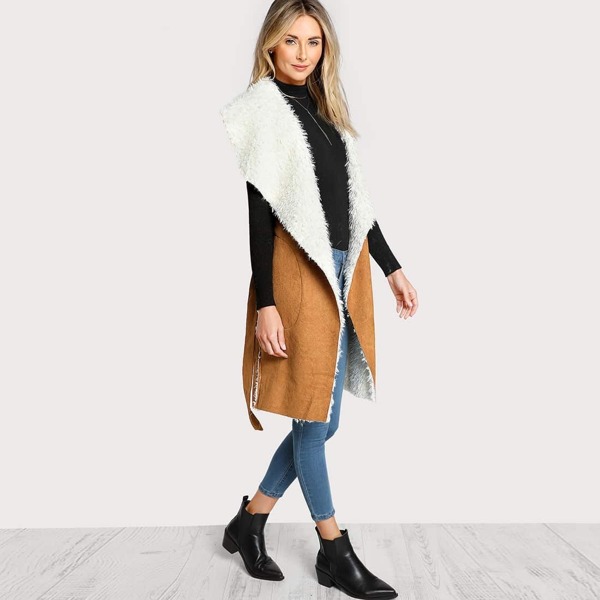 

Self Belted Pocket Side Faux Shearling Vest