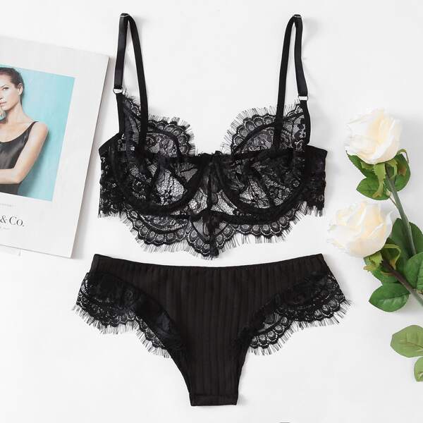 

Eyelash Lace Lingerie Set, Black