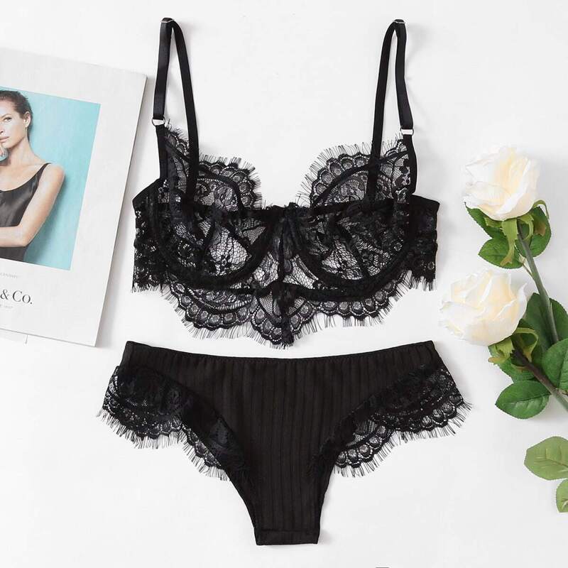 

Eyelash Lace Lingerie Set, Black