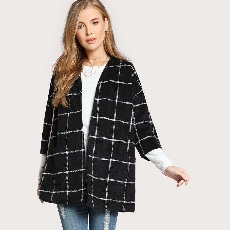 

Black Grid Collarless Open Front Coat With Pocket