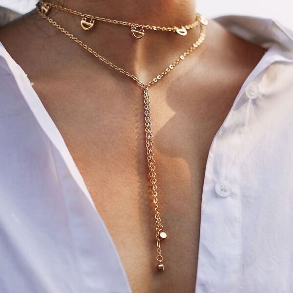 

Rhinestone Detail Layered Chain Necklace, Gold