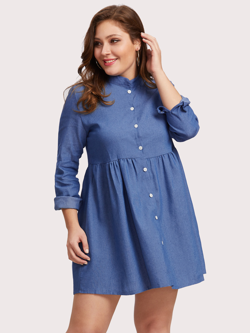 

Plus Button Front Denim Dress, Blue, Carol