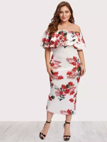 Plus Off Shoulder Floral Print Tiered Dress - Multicolor - View 5
