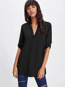 EMERY ROSE 胸前口袋捲袖前短後長襯衫 - 黑色 - 查看 4