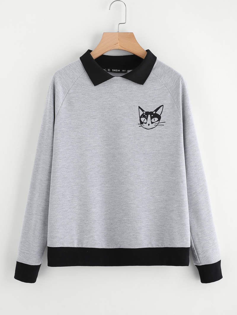 

Contrast Collar Cat Print Pullover, Grey