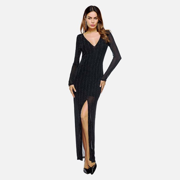 

Semi Sheer High Split Glitter Maxi Dress, Black