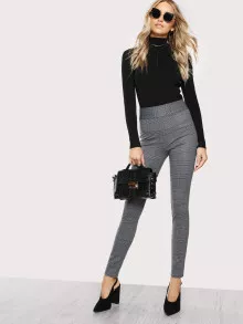 SHEIN Elasticized Waist Plaid Leggings - Dark Grey - View 5