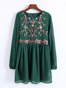 Embroidered Detail Mesh Sleeve Smock Dress