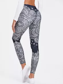Ornate Print Leggings - Black and White - View 2