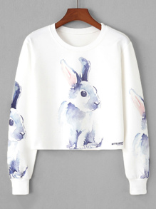 Rabbit Print Crop Sweatshirt