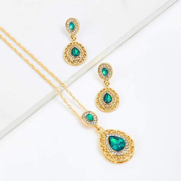 

Water Drop Rhinestone Chain Necklace & Earrings, Gold