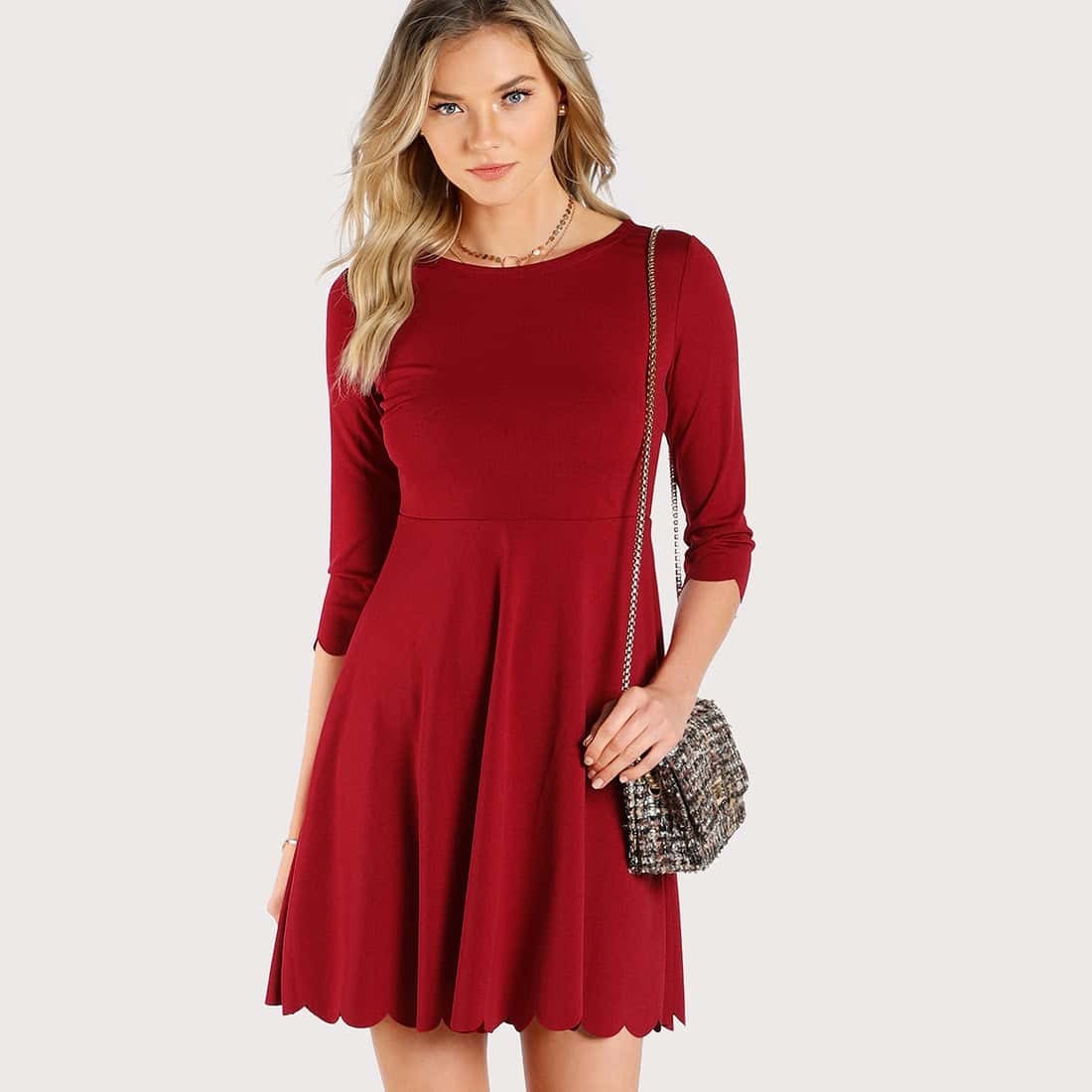 

Scallop Trim Solid Flared Dress, Red