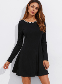 Pearl Beading Princess Seam Detail Ribbed Dress