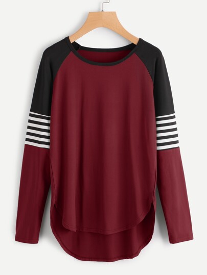 Contrast Striped Sleeve Dip Hem Tee