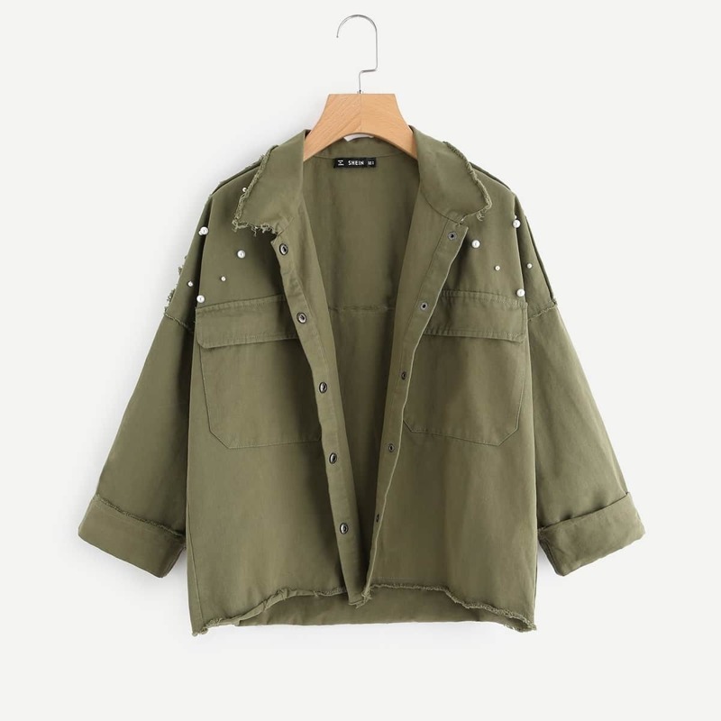 

Pearl Beaded Raw Cut Trim Military Jacket, Army green