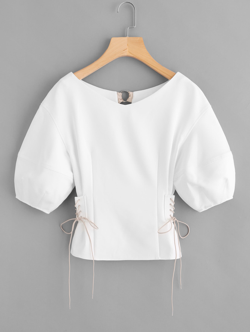 

Lace Up Side O-Ring Back Bishop Sleeve Top, White