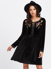 Tassel Tie Neck Embroidered Velvet Smock Dress