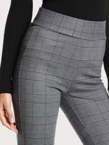SHEIN Elasticized Waist Plaid Leggings - Dark Grey - View 4