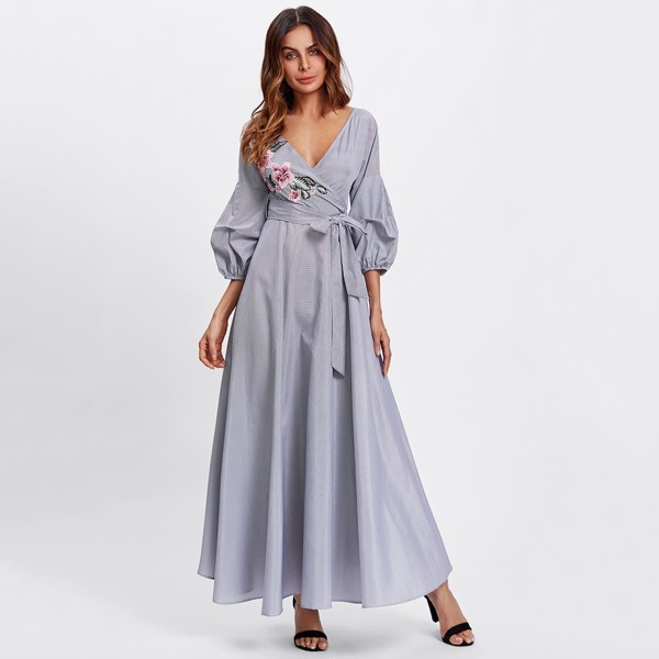 

Flower Patch Puff Sleeve Surplice Wrap Dress