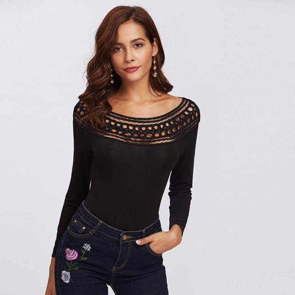 

Hollow Out Shoulder Solid Bodysuit, Black