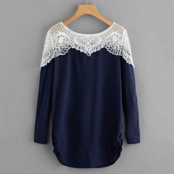 

Guipure Lace Yoke Scallop Trim Ruched Longline Tee, Navy