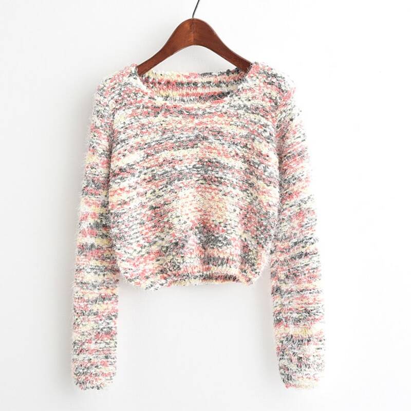 

Round Neck Crop Knit Sweater, Multicolor