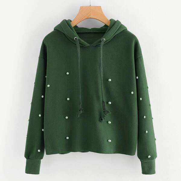 

Pearl Beaded Drawstring Hoodie, Green