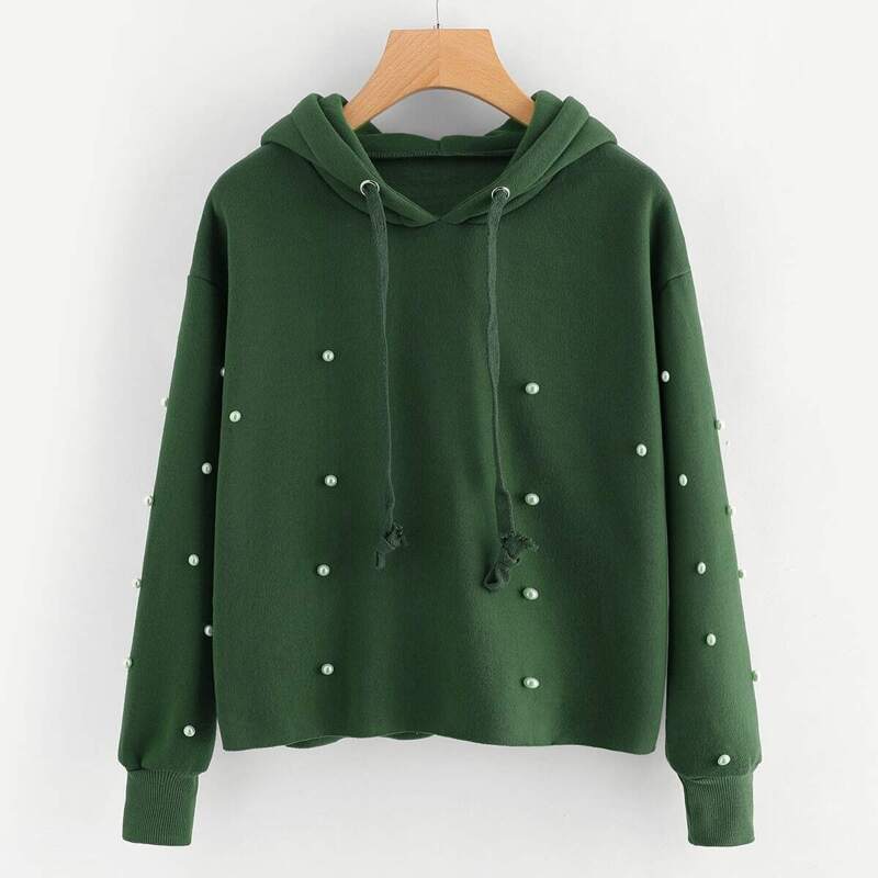 

Pearl Beaded Drawstring Hoodie, Green
