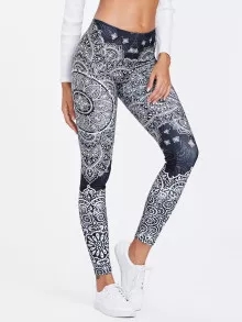 Ornate Print Leggings - Black and White - View 1
