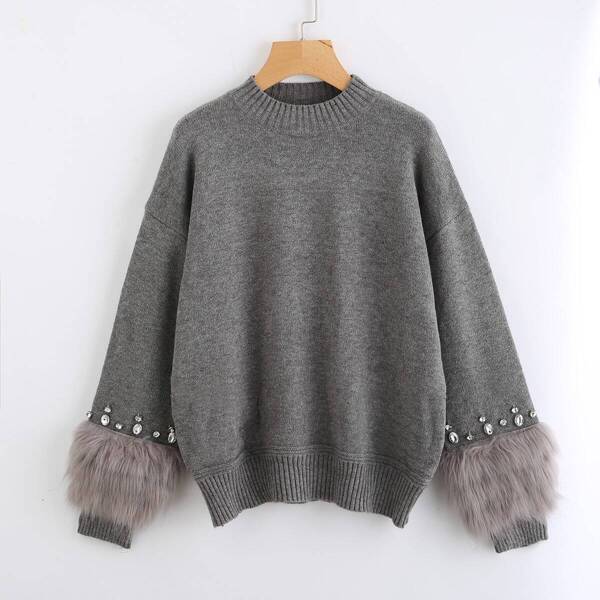 

Rhinestone And Faux Fur Embellished Cuff Sweater